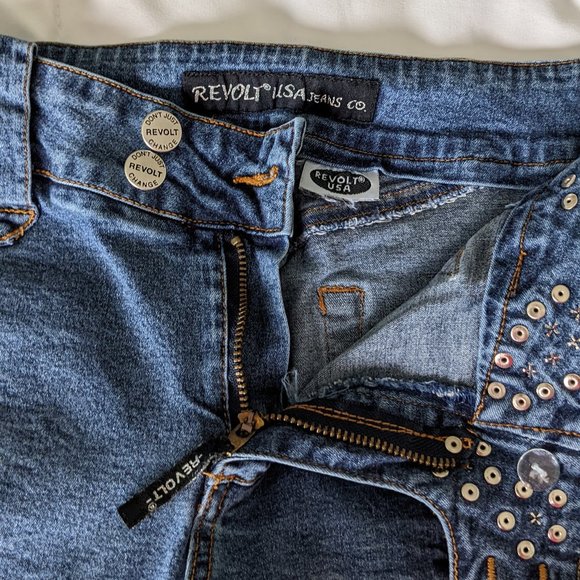 Vtg REVOLT USA Jeans Decorated w/Metal Studs & Faux Gems -Flared Bottom Boot Cut - Picture 11 of 14